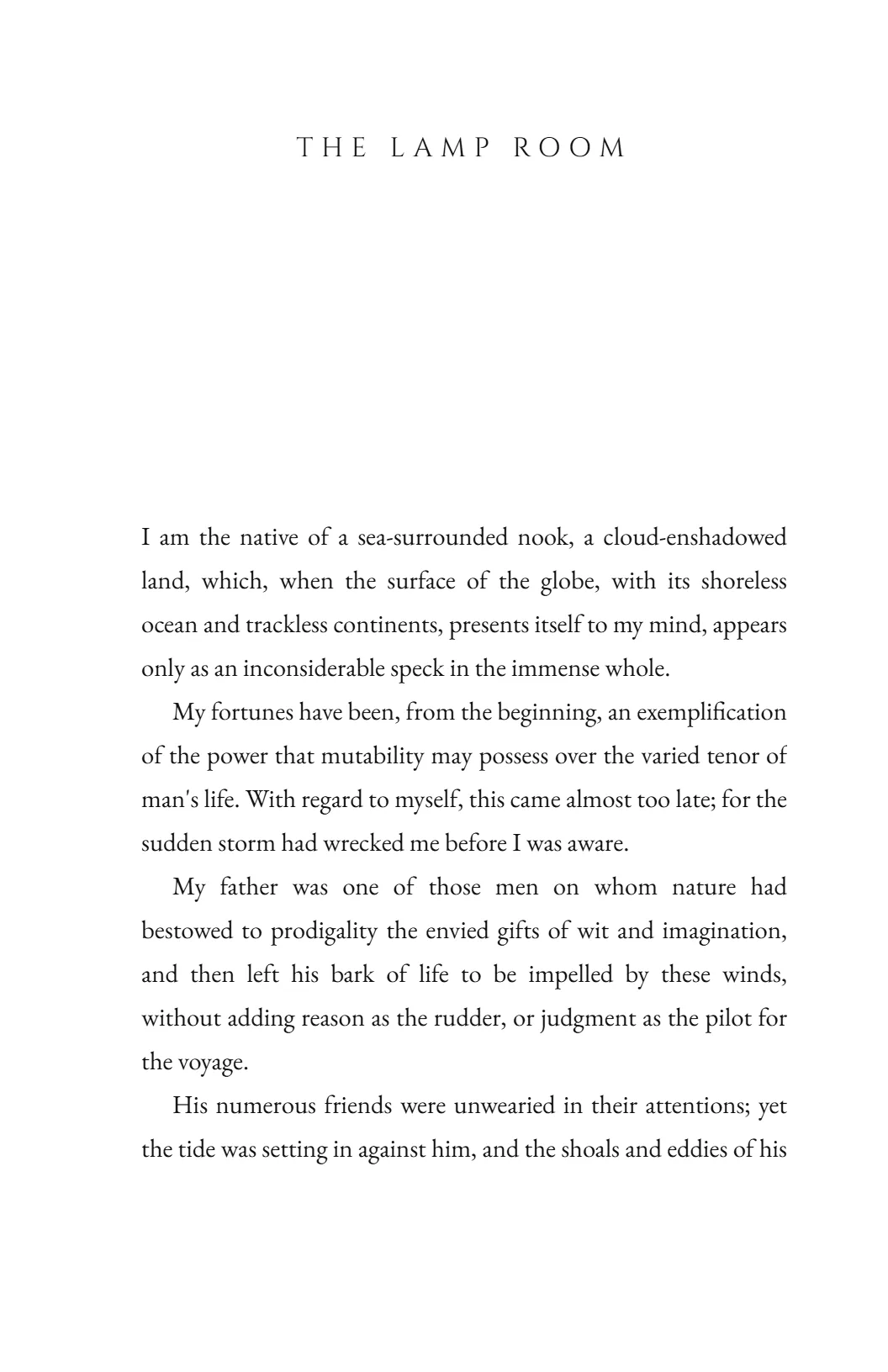 Glasshouse — A line of inscribed capitals at the top of an open page, and nothing else. Literary fiction, essays and short-story collections.