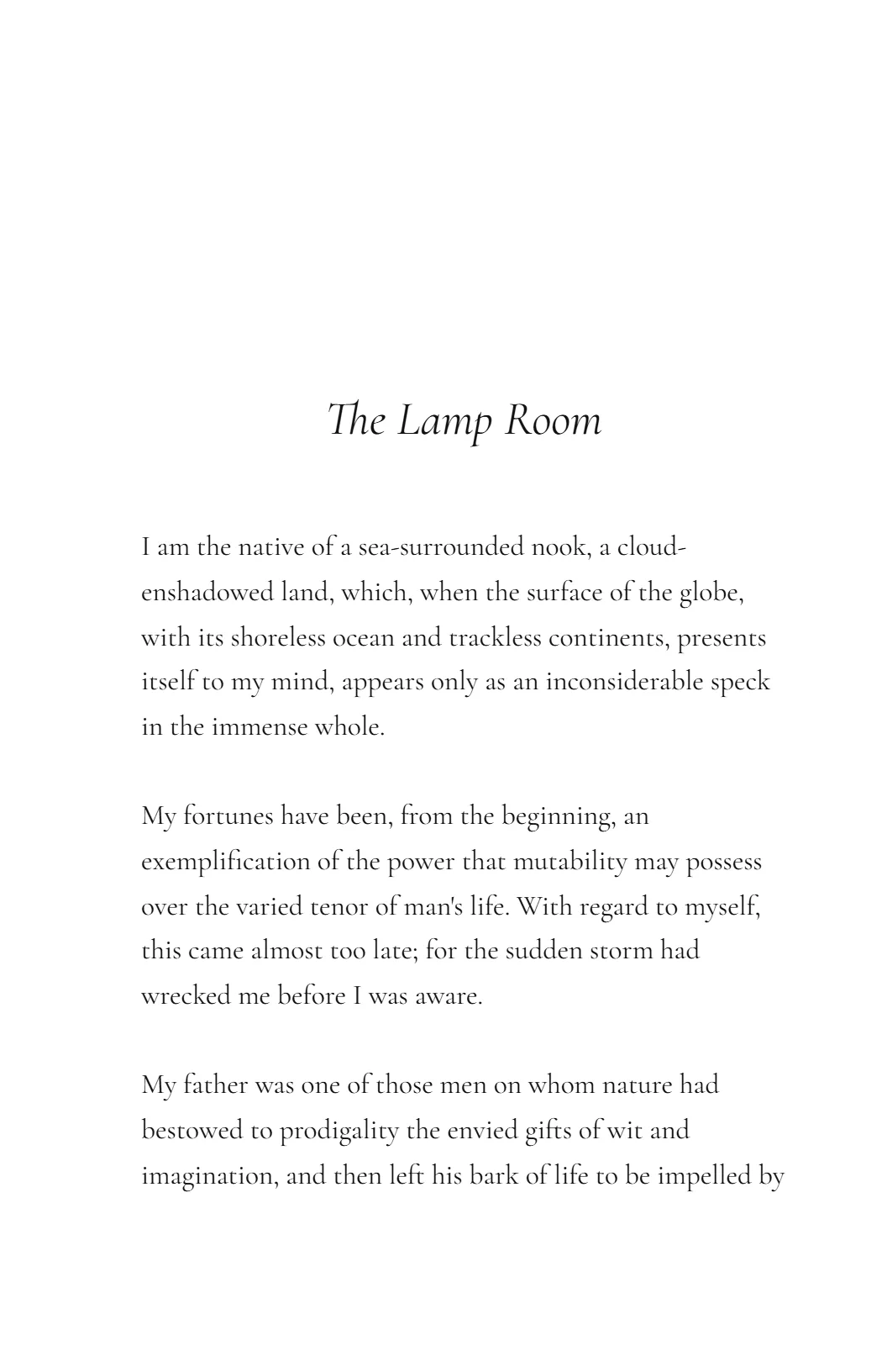 Quiet Room — A fine italic title and nothing else at all. One poem to a page where it fits.
